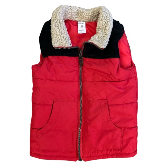Carter’s red puffer vest with black and cream Sherpa lined collar 4T - Picture 2 of 10